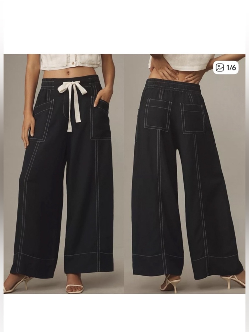 Anthropologie Maeve La Ponche Pull On Black Wide Leg Linen Pants